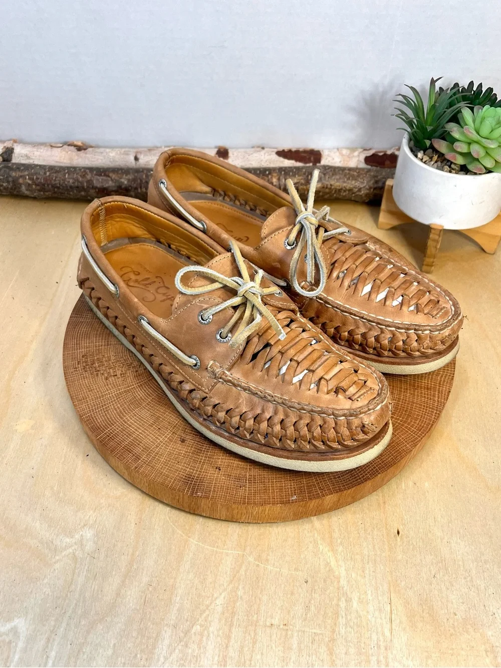 Sperry Gold Cup Tan Woven Leather Boat Shoes Size 9M Minty Clean